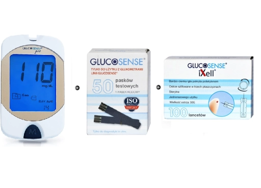Zestaw Glukometr Glucosense pro + Paski testowe Glucosense 50szt + lancety Glucosense/iXell 100 sztuk
